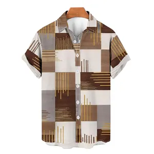 Camisa gráfica con textura a cuadros Vintage para hombre, ropa de calle de moda de manga corta de verano 2024, fabricante de ropa para hombre