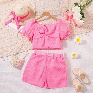 2024 Summer Wholesale Children Girls Fashion Clothing Sets Puff Sleeve Square Collar Tops Shorts 2Pcs Clothes For Teens