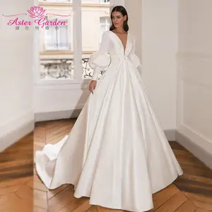 Aster Garden Gaun Pengantin A-Line 2021 Satin Lengan Panjang Elegan Backless V-neck Ikat Pinggang Gaun Pengantin Kustom Vestido De Noiva