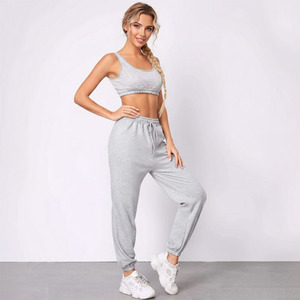 Conjunto Casual de 2 Piezas para Mujer, Ropa Deportiva para Yoga, <span class=keywords><strong>Gimnasio</strong></span> y Fitness, Top Corto de Algodón y Pantalones Jogger - Product Image 1
