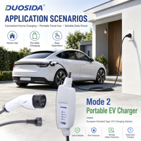 DUOSIDA Pengisi Daya EV Portabel Tipe 2 IEC 62196-2 Mode 2 16A 230V CE TUV Opsi Steker Schuko CEE 5m 7.6m Mendukung OEM Eropa