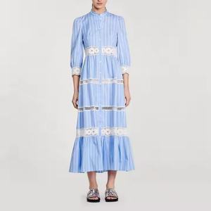Nuevo Vestido de Otoño con Logotipo Personalizado, Vestido de Negocios con Cuello Redondo y Botones, Vestido de Lino y Algodón con Encaje Floral para Mujer - Product Image 5