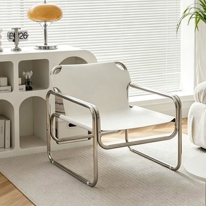 Fauteuil Bauhaus au design moderne et épuré, fauteuil de salon en cuir pleine fleur et acier inoxydable, fauteuil inclinable individuel pour la maison - Product Image 2