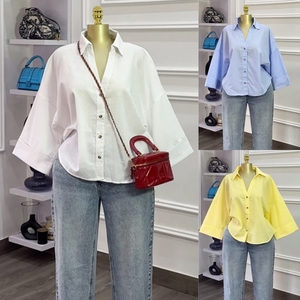 Camicie Estive Casual Traspiranti Personalizzate per <span class=keywords><strong>Donna</strong></span> Vestibilità Regolare Colletto Rovesciato Semplici Bluse Eleganti a Righe Blu - Product Image 2