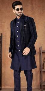 Conjunto de Kurta y Pijama Azul Marino, Chaqueta Sherwani con Textura Jacquard, Detalle Bordado, Traje Tradicional Indio para Bodas y Fiestas - Product Image 2