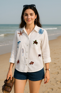 Camisa de algodón tejido Sea You Later para mujer |   Camisa Bordada con Cuello de Camisa |   Ropa Cómoda para Vacaciones - Product Image 6