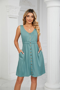 Robes d'été à la mode pour femmes, vêtements décontractés avec poches et boutons, col rond, fendue à la taille - Product Image 2