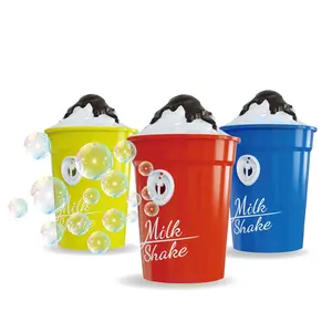 2023 new design automatic milkshake cup bubble blower outdoor toys kids electric bubble maker machine with lighting and music