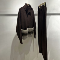 Ensemble de luxe 2 pièces pour femme en maille côtelée avec garniture en fourrure de lapin Rex, pull demi-zip avec poches et pantalon large, ensemble décontracté pour la détente
