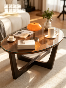 Mesa de Centro Ovalada de Madera de Nogal Macizo, Diseño Minimalista con Estructura Hueca Entrelazada, para Sala de Estar - Product Image 5