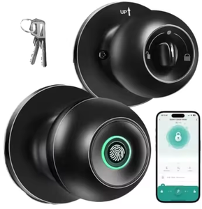 Tuya App Remote Control Zinc Alloy <strong>Black</strong> Keyless Smart Fingerprint Round Ball <strong>Knob</strong> Lock with Memory Card BLE <strong>Door</strong> Lock - Product Image 1