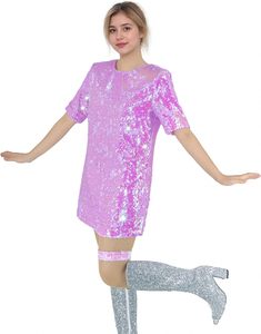 Abito Mini da Donna Taglie Forti con Scollo <span class=keywords><strong>a</strong></span> O, Paillettes Scintillanti, Antistatico, Vita Impero, Mezza Manica, Casual, Vestibilità Ampia, con <span class=keywords><strong>Calze</strong></span> <span class=keywords><strong>a</strong></span> <span class=keywords><strong>Rete</strong></span> Carine - Product Image 3