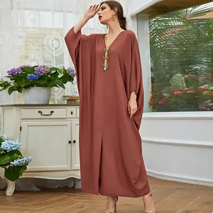 UNI Hot Selling One Piece Full Length Neckline with gold trim and diamond loose Dress Abaya Modest Khimar Abaya Islamic Clothing