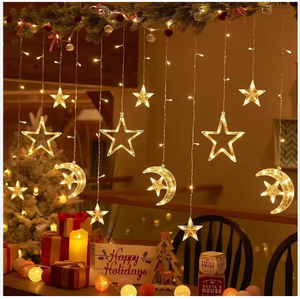 LED Ramadan Sterren Gordijnverlichting 12 Sterren, 120 Lampjes Kerst Gordijn Lichtslinger Knipperende Patronen Decoratief - Product Image 3