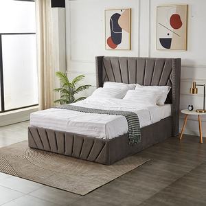 Comodidad y elegancia Diseño Canal Chic Ala Cabecero trasero Terciopelo gris King Size Elevador de gas Otomana Cama Doble - Product Image 1