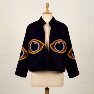 Purple Velvet Jacket, Evil Eye Embroidery, Mystic Embroidered Coat, Bohemian Statement Outerwear, <b>Celestial</b> <b>Clothing</b>, Festival - Product Image 1