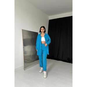 ชุดเสื้อเชิ้ตอ็อกซ์ฟอร์ดสีน้ำเงินสำหรับผู้หญิงและกางเกงขายาวติดกระดุมแบบสบายๆ แขนยาว ระบายอากาศได้ดี ชุดแฟชั่น - Product Image 4