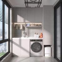 Meuble de buanderie intégré sur mesure, panneau imperméable sans formaldéhyde, combo évier de buanderie dissimulé pour balcon