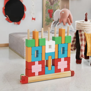 Puzzle en bois 3D à colonnes, blocs géométriques colorés avec cartes à motifs, jouet éducatif pour enfants - Product Image 4