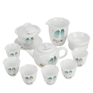 Hammel-Fett Jade Porzellan Tee Set, hand bemalte Landschaft Weiß Keramik Teekanne Set Home Office Kung Fu Tee Set