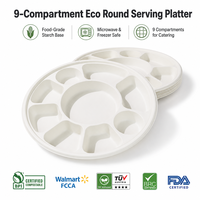 Plateau de service rond biodégradable multi-compartiments, jetable, 9 compartiments, en amidon de maïs, assiette écologique pour les événements, les mariages et les fêtes