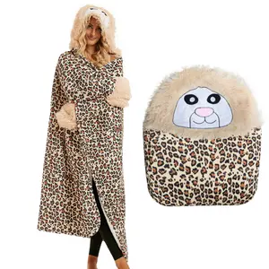 Custom Cute Cartoon Leopard Print Animal Hooded Wearable TV Blanket Poncho Oversized Sherpa Hoodie Blanket For Winter