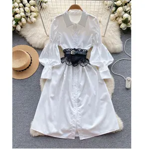 2024 Summer Design Sense Shirt Dress Match Lace Stitching Gauze Waist Seal A-line Women Dress