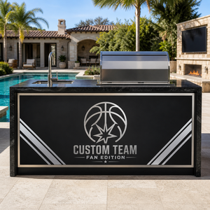 Cocina Exterior Personalizada para Fanáticos del Baloncesto de San <span class=keywords><strong>Antonio</strong></span> con Isla para Asados, Panel con Logotipo, Parrilla, Quemador Lateral, Fregadero y Refrigerador - Product Image 2