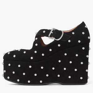 Sandales à plateforme épaisse cloutées en métal pour femmes, talons compensés hauts en daim, bout rond rétro, avec brides à boucles - Product Image 4