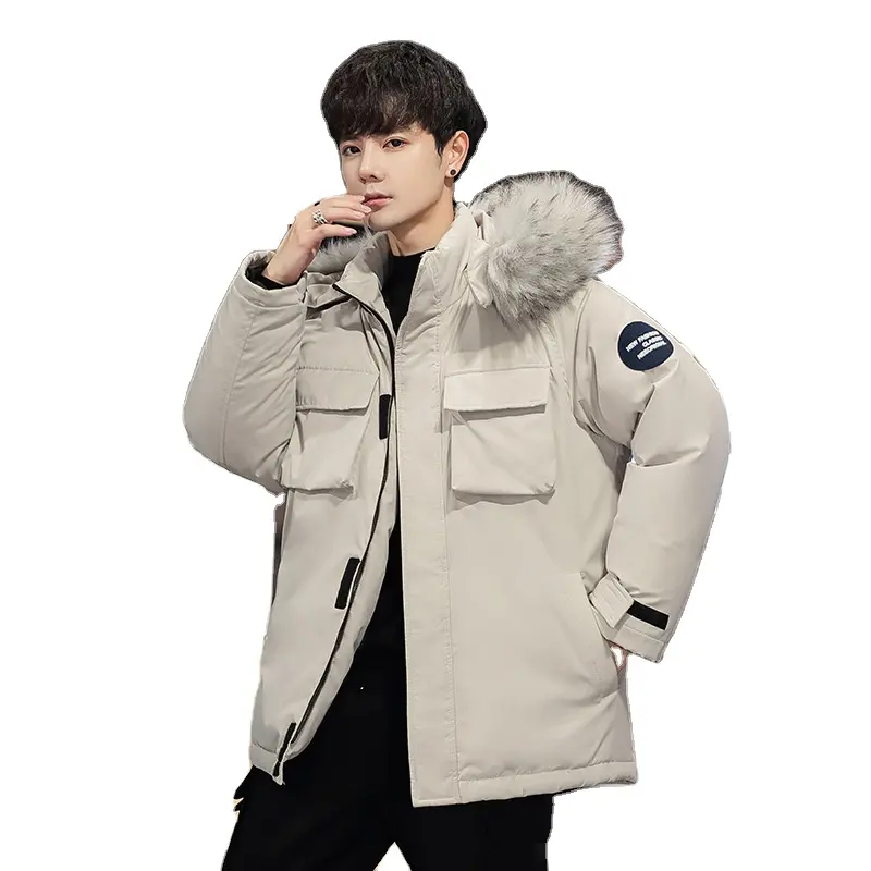 Kış yeni Hong Kong tarzı orta uzunlukta aşağı ceket erkek gevşek rahat yakışıklı ceket
