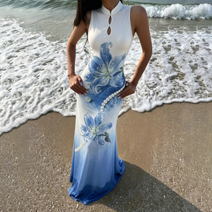 Vestido Cheongsam de malla con estampado floral en degradado azul glaciar, vestido largo chino vintage para mujer, vestido maxi de playa para vacaciones - Product Image 2