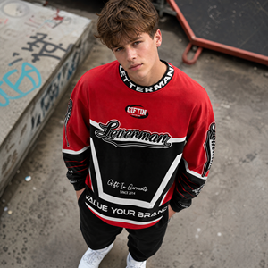 Chemise de course à manches longues avec logo personnalisé, style streetwear surdimensionné, marque privée, maillot pour les fans de sport automobile - Product Image 1