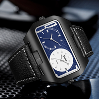 Montre-bracelet à quartz pour homme Oulm 9147 au design unique, grand cadran rectangulaire, double fuseau horaire, date analogique, bracelet en cuir, tendance