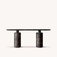 Table console scandinave haut de gamme en marbre bronze, à deux niveaux, avec bases cylindriques et bord arrondi, plateau long en forme de pilule, pour entrée, personnalisable OEM/ODM