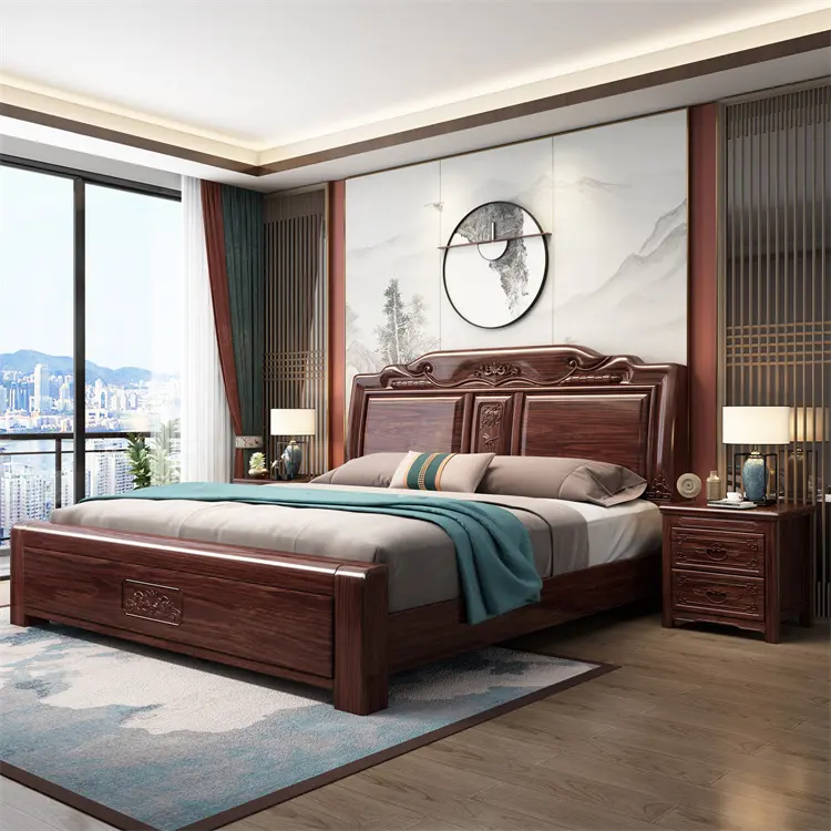 Trung Quốc phong cách giường gỗ rắn schlaf zimmer bett 1.8m giường đôi nội thất phòng ngủ với bảng điều khiển lưu trữ giường