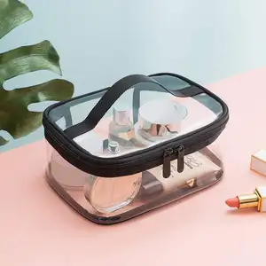 Bolsa de maquillaje negra impermeable, bolsa de viaje portátil de PVC transparente, para viaje de negocios, neceser de aseo