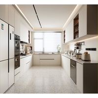 Ensemble de meubles de cuisine modulaires sur mesure de style européen minimaliste, carrés, avec poignées et boutons blancs, éclairage LED dissimulé et rangement ouvert intégré