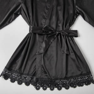 Bata de satén personalizada para mujer Detalles de encaje Mangas 3/4 Poliéster Sexy Albornoces de lujo Ropa de dormir Kimono Bata - Product Image 3