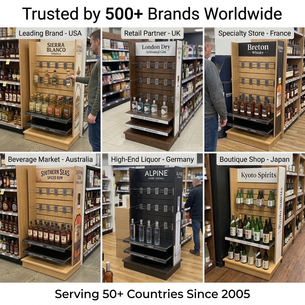 Wholesale Custom Premium Wooden Spirits Display Stand Whiskey Gin Bottle Rack for Craft Distillery Tasting Room Boutique Store — view 6
