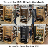 Présentoir en bois haut de gamme personnalisé pour spiritueux, bouteilles de whisky et gin, idéal pour distilleries artisanales, salles de dégustation et boutiques.