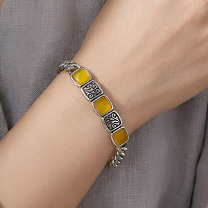 Vintage Women's Stainless Steel Amber <b>Bangle</b> Geometric Pattern Bezel Setting Cuban style <b>Bracelet</b> Antique <b>Silver</b> Plated - Product Image 2