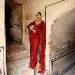 Sari indien traditionnel exclusif en tissu filet, travail fantaisie élégant, idéal pour mariages et fêtes, le plus vendu pour femmes et jeunes filles, vente en gros. - Product Image 1