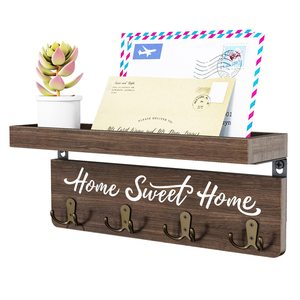 Wooden Wall Mounted <b>Shelf</b> With <b>Hooks</b> Home Sweet Home Mail Key Organizer Entryway Foyer Storage Rack - Product Image 1