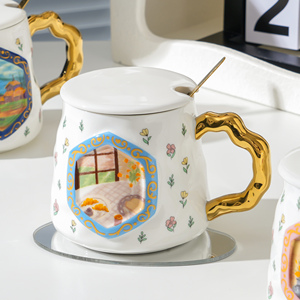 แก้วกาแฟเซรามิก แก้วสโตนแวร์ แก้วร้อน 390 มล. ลายวาดมือสไตล์วินเทจ สำหรับวันวาเลนไทน์ - Product Image 5