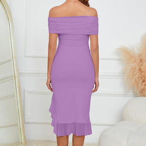 Usine Design personnalisé femmes élégant hors épaule <span class=keywords><strong>taille</strong></span> haute longue <span class=keywords><strong>robe</strong></span> été Sexy à volants ourlet couleur unie Slim Fit <span class=keywords><strong>robe</strong></span> <span class=keywords><strong>de</strong></span> soirée - Product Image 5