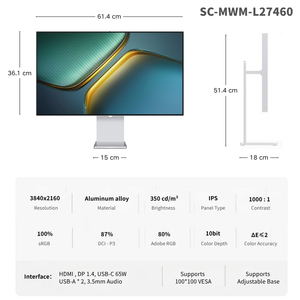 Monitor TCOLOR 4K da 27 Pollici in Alluminio per Studio, Display LCD IPS, <span class=keywords><strong>Schermo</strong></span> <span class=keywords><strong>PC</strong></span> 4K con USB-C per Uso Professionale - Product Image 2