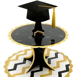 Decoraciones para Fiesta de Graduación DAMAI, Soporte para Pastel de Cartón de 3 Niveles en Negro y Dorado, Soporte para Exhibición de Postres para Suministros de Fiesta de Graduación - Product Image 1