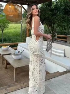 <span class=keywords><strong>Vestiti</strong></span> da donna per vacanze <span class=keywords><strong>in</strong></span> spiaggia <span class=keywords><strong>eleganti</strong></span> con scollo a V senza maniche Vestidos a tinta unita lavorati a <span class=keywords><strong>maglia</strong></span> abiti lunghi all'uncinetto - Product Image 2