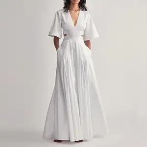 2023 Plain Ladies Summer Clothing V Neck Show Back Waist Pure <strong>White</strong> <strong>Maxi</strong> Pleated Elegant Gentle Women's Dress - Product Image 1