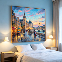 Peinture à l'huile peinte à la main, scène de rue parisienne, grand tableau impressionniste, paysage urbain pluvieux, art mural sur toile